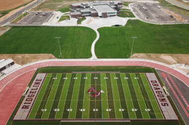 Weld RE-4 School District's Ridgeline Middle School's artificial turf field with Brock PowerBase YSR shock pads and BrockFILL organic infill, home of the Dragons.